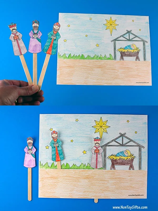 Simple wise men interactive craft printable for kids to retell the bible story of how baby Jesus was born.