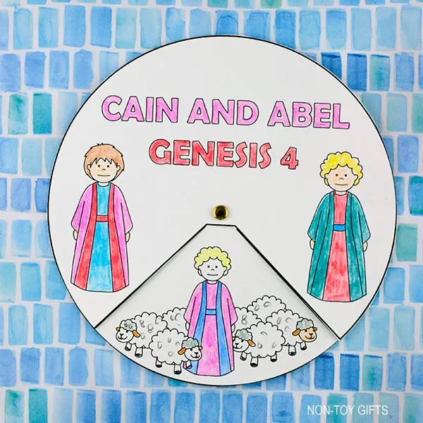 Easy coloring Cain and Abel spinner craft printable for kids