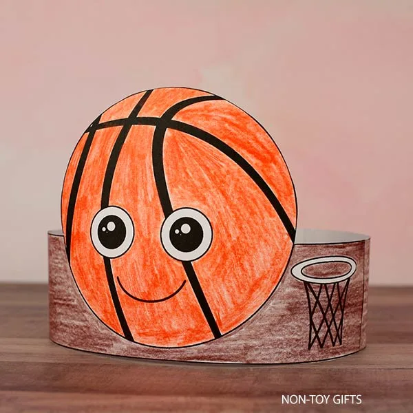 simple basketball paper hat featuring a basketball and a hoop