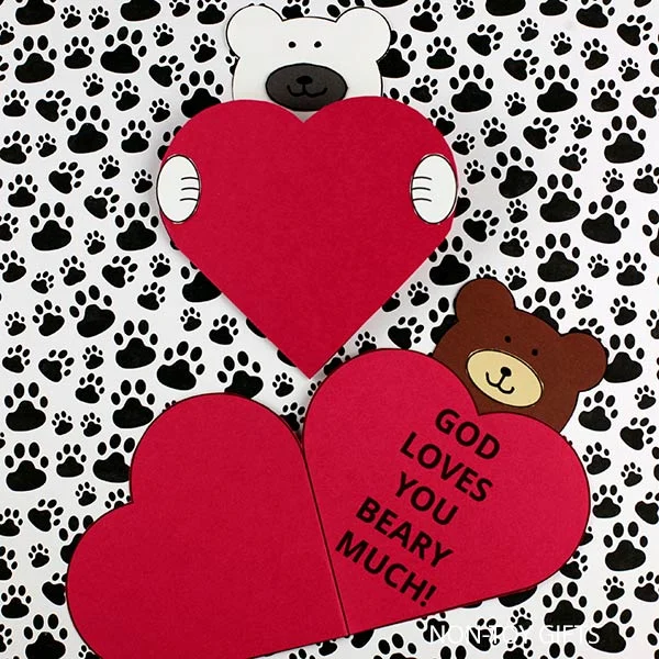 God loves you beary much craft printable for kids: Valentine Bible heart cards