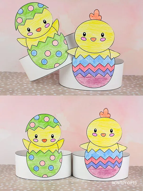 Easter chick headbands for kids to make using our simple paper hat printable template
