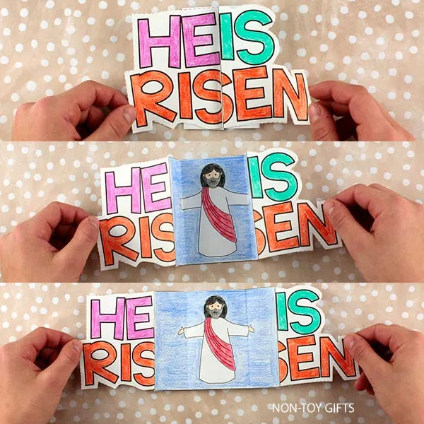 He Is Risen folded surprise craft for kids to make at Easter Sunday School