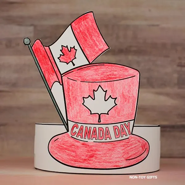 Canada Day paper hat featuring the Canadian flag and Canada hat with maple leaf.