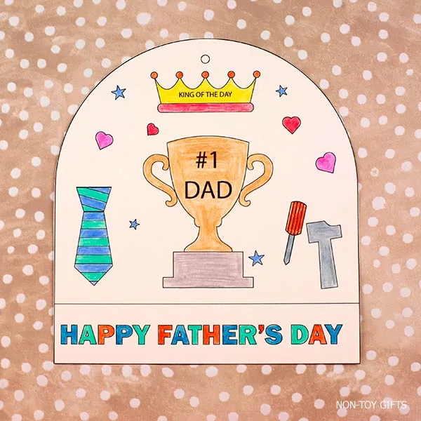 color the #1 dad trophy, shirt, tools, and king of the day crown