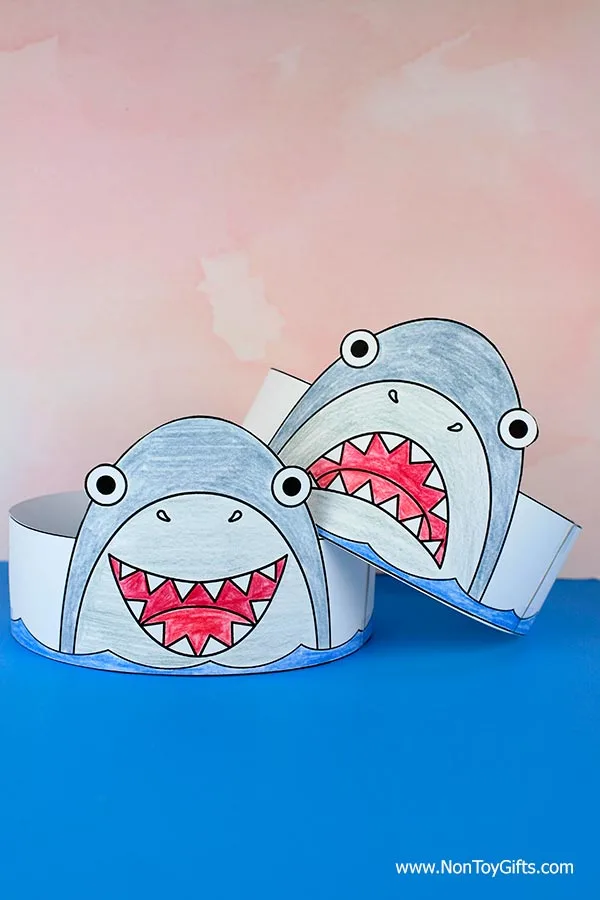 Shark paper hat craft printable for kids to make for Shark Week in July