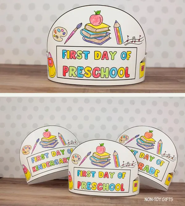 First day of preschool craft printable with colorable school icons for kids