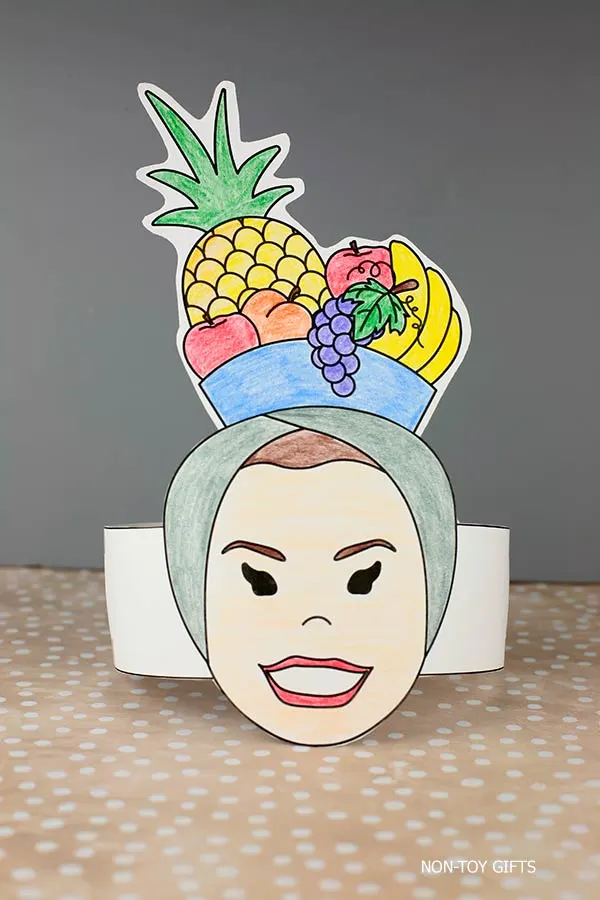 Kids’ printable Carmen Miranda paper hat craft for Hispanic Heritage Month activity