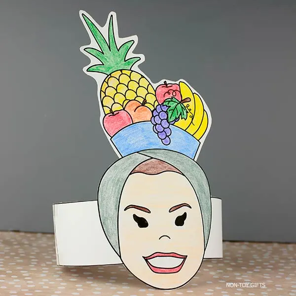 Black and white Carmen Miranda paper hat coloring craft for students