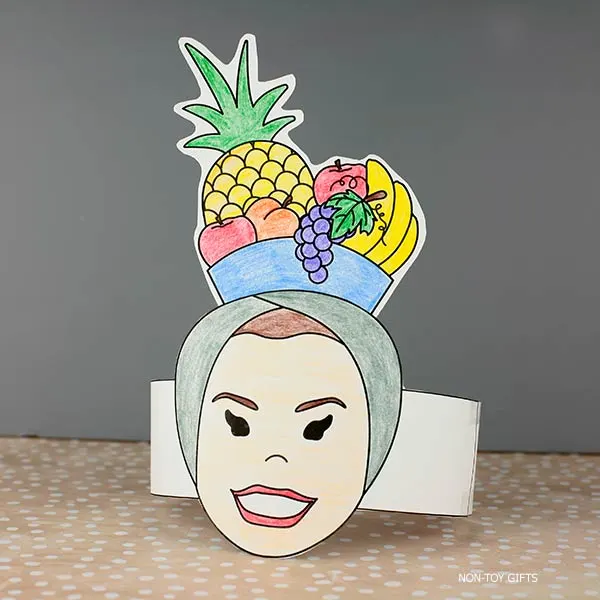 Pre-colored printable Carmen Miranda paper hat for Hispanic culture lessons