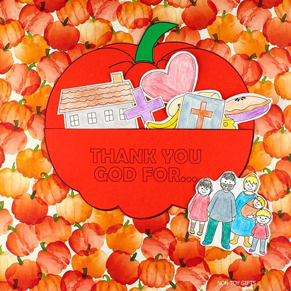 Christian pumpkin pocket craft – hands-on Thanksgiving project for Sunday School kids to learn gratitude through coloring and blessings.