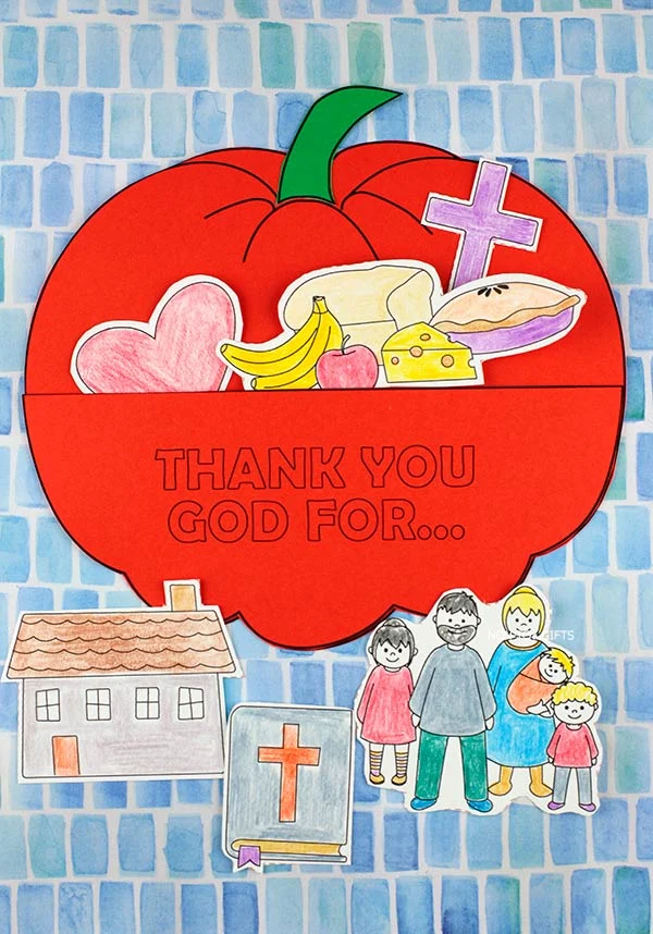 Thank You God Pumpkin Craft – printable Christian Thanksgiving activity for kids with blessings pocket to color, cut, and glue.