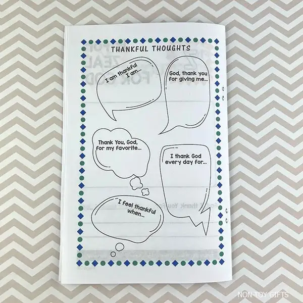 Printed Thanksgiving A to Z blessings printable with pre-filled words like Animals, Bible, and Jesus.