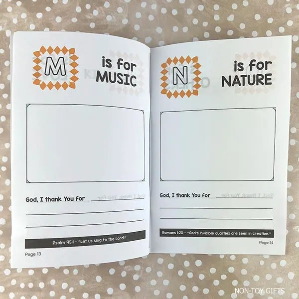 Example of the Thanksgiving A to Z blessings printable booklet with drawings and gratitude words for each letter.