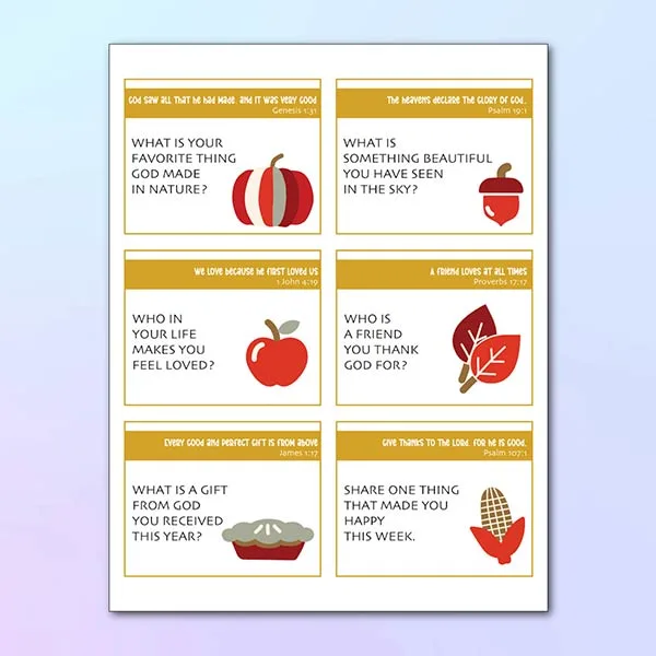 Printable Thanksgiving Bible conversation starters with 54 cards for scripture reflection and gratitude prompts for families and classrooms.
