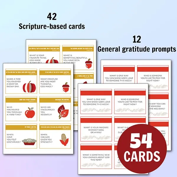 Christian Thanksgiving conversation starter cards with Bible verses and gratitude prompts for homeschool, church groups, and family gatherings.