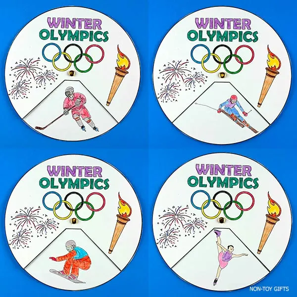 Colorful winter olympics spinner craft for children featuring hockey, skiing, snowboarding, and figure skating. Easy digital download activity for teachers.