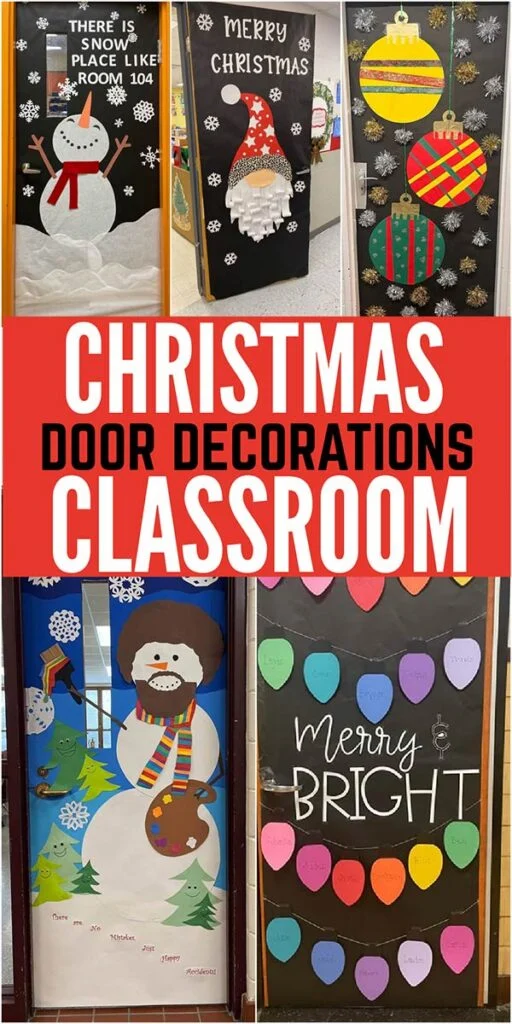 DIY Christmas classroom door decor with Santa theme and student art projects&mdash;fun and easy Christmas decoration for school hallways