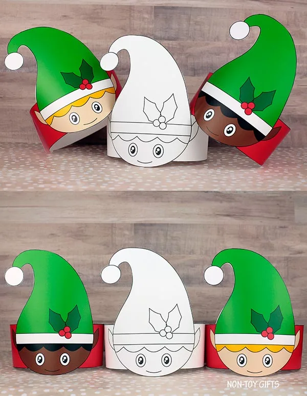 Printable elf headband craft for children. Fun Christmas paper hat activity for home or school with color and coloring options.