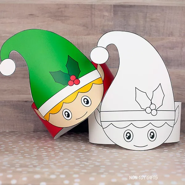 Christmas elf paper hat craft for preschoolers. DIY printable activity that encourages creativity and fine-motor skills.