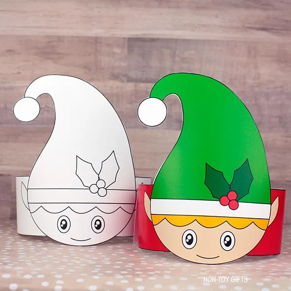 Elf hat template printable craft. Easy holiday headband kids can color, cut, and glue for classroom parties or family Christmas activities.
