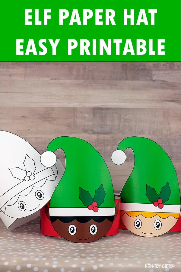 Elf paper hat craft printable for kids. Easy Christmas activity to color, cut, and wear. Perfect for preschool and kindergarten holiday classroom fun.