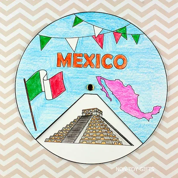 Interactive Mexico spinner printable for children to color, cut, and assemble while exploring world traditions and identity.