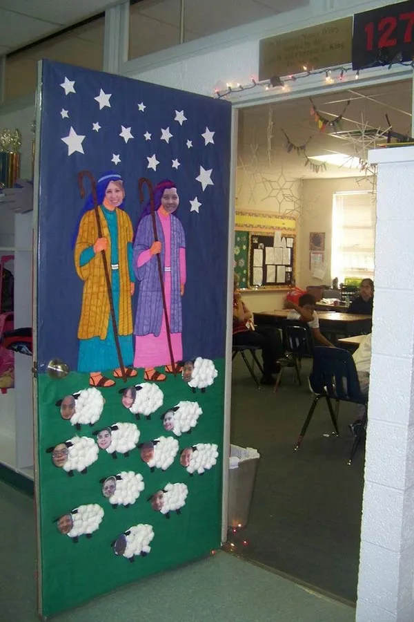Shepherds with sheep design for Nativity classroom door decoration