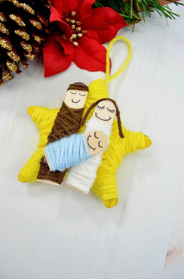 DIY yarn wrapped nativity Christmas ornament