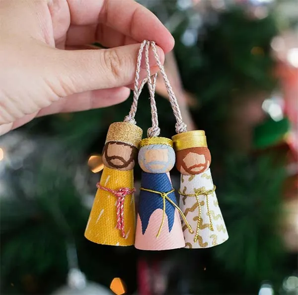 Wooden bead and fabric nativity ornaments