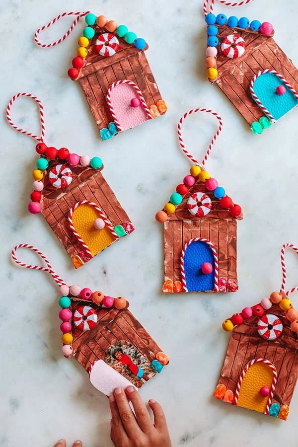 Craft stick gingerbread house ornaments