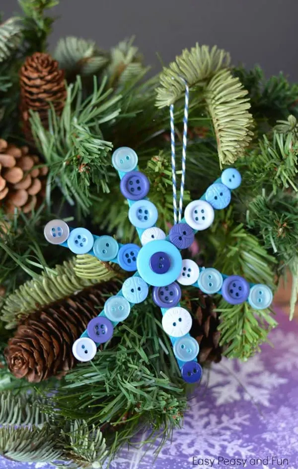 Craft stick and button snowflake ornament