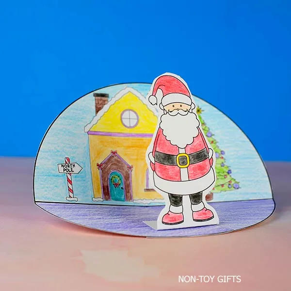Printable Santa diorama craft for kids with North Pole background