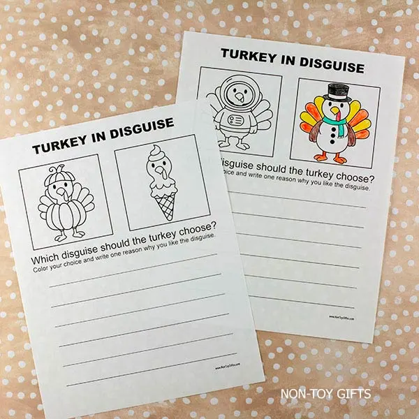 Turkey in disguise coloring and writing printables