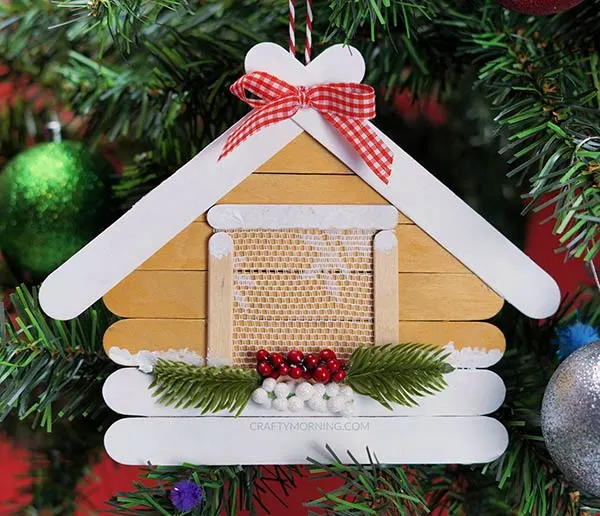 Popsicle stick log cabin ornament
