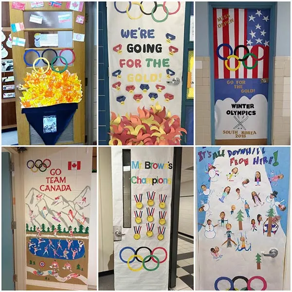 Creative winter Olympics classroom door decor ideas featuring athletes, medals, and a festive sports theme for teachers and daycare classrooms.