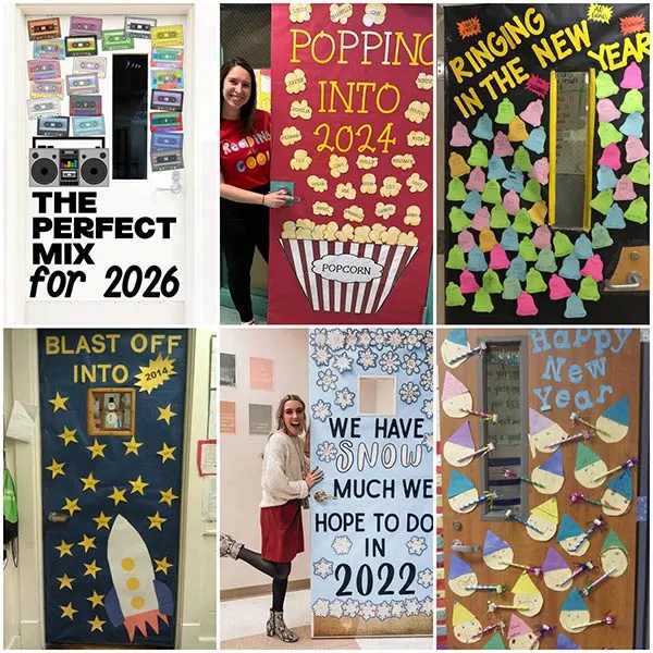 Teacher-created New Year classroom door decorations with interactive student goals, winter themes, and motivational designs welcoming students after winter break