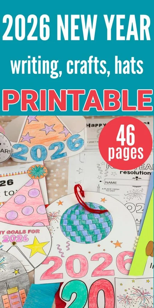 New Year 2026 Printables for kids featuring crafts and writing activities