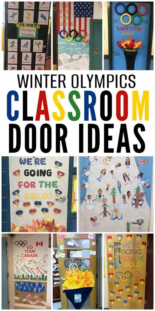 Winter Olympics classroom door decor ideas with winter sports characters, Olympic rings, and snowy elements for a school hallway display.