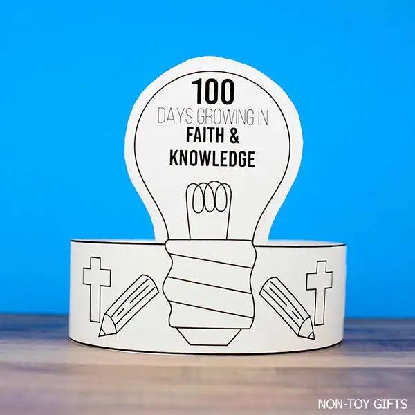 100 days growing faith and knowledge paper hat printable to celebrate the 10th day of school in a Catholic school