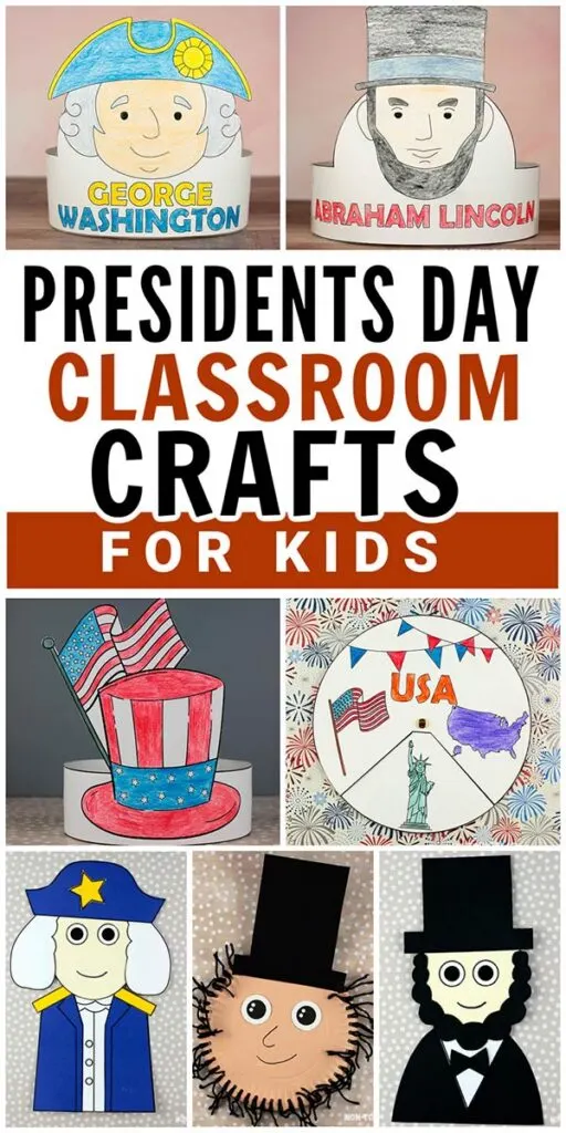 Presidents Day crafts for kids featuring George Washington and Abraham Lincoln printable paper crafts and patriotic hats