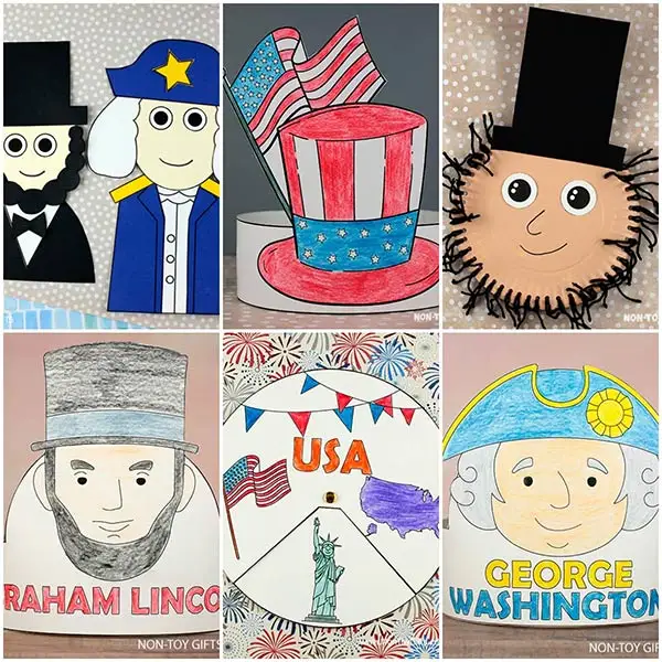 Printable Presidents Day crafts for kids including patriotic hats, USA crafts, and historical figures for classroom activities