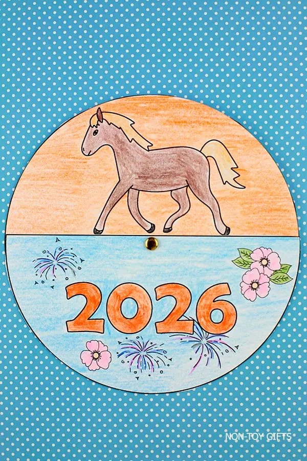 Chinese New Year horse spinner craft printable showing a circular paper spinner with a horse illustration and 2026 text, a hands-on Lunar New Year classroom activity for kids