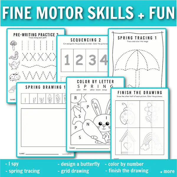 Spring preschool no prep packet with fine motor skills and fun  printable worksheets: pre-writing practice, sequencing, spring tracing, color by letter, spring drawing, finish the drawing and more