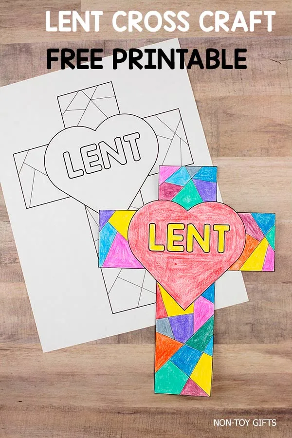 Lent cross craft for kids colored in stained glass style with heart in the center, perfect for Catholic Lent activities and classrooms