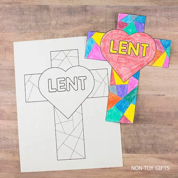 Catholic Lent craft for children showing a stained glass cross design, great for Ash Wednesday and Holy Week lessons