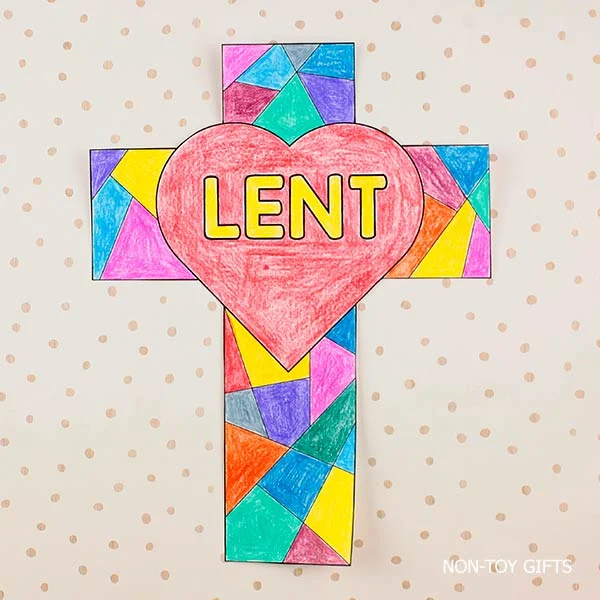 Simple Lent cross coloring craft for kids with heart design, printable religious activity for homeschool and classrooms
