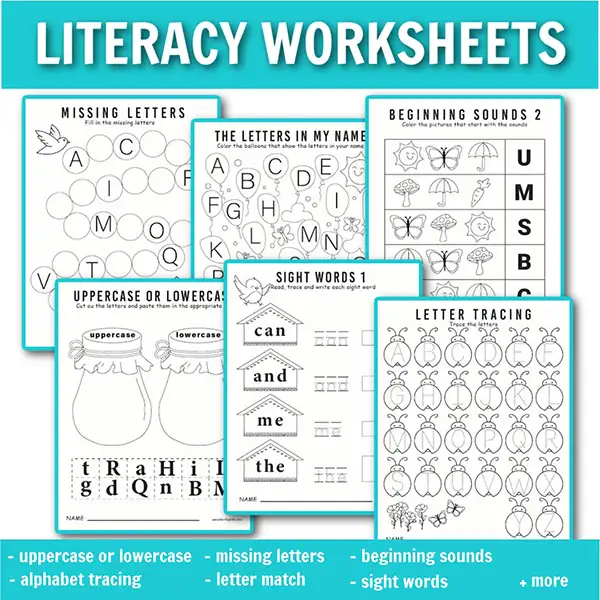Spring preschool no prep packet with literacy worksheets: letter tracing, missing letters, beginning sounds, uppercase or lowercase, sight words and more