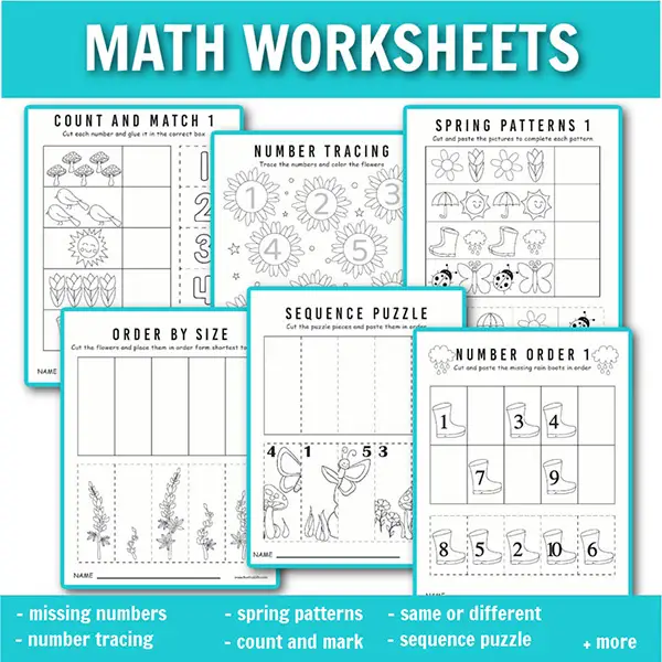 Spring preschool no prep packet with math worksheets: number tracing, count and match, spring patterns, order by size, sequence puzzle, number order and more