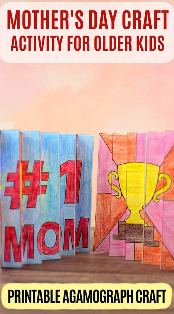 Mother’s Day craft activity for older kids showing printable agamograph paper craft kids color and fold to make a handmade gift for mom
