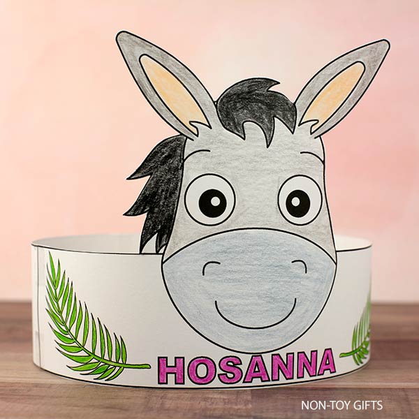 Donkey paper hat craft for Palm Sunday coloring and wearable Bible activity for Sunday School kids